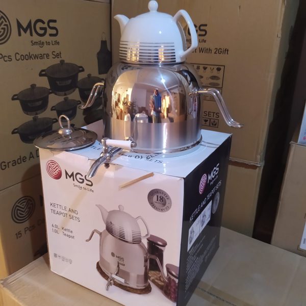 کتری استیل و قوری چینی ام جی اس مدل 41018 (یراق استیل) MGS