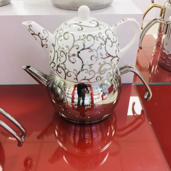 کتری و قوری استیل + چینی کرکماز 2+ 1.1 لیتر مدل تامبیک Korkmaz Tombik  کد 02-104