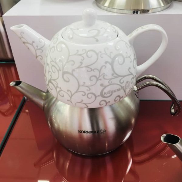 کتری و قوری استیل مات + چینی کرکماز 2+ 1.1 لیتر مدل تامبیک Korkmaz Tombik  کد 03-104